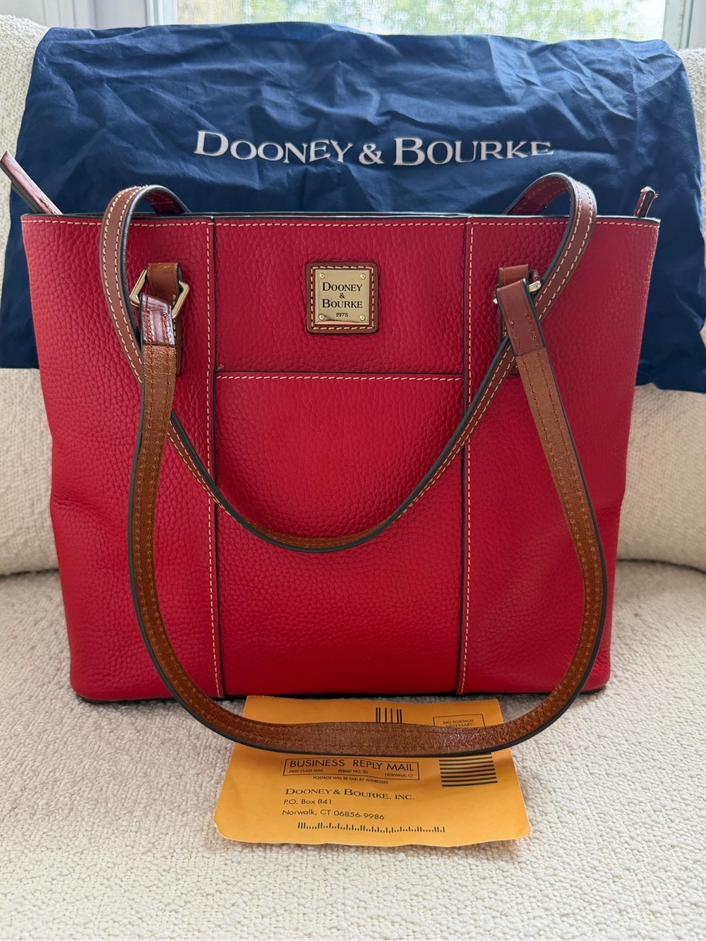 Dooley & Bourke Red Pebbled Leather Shoulder Tote with Brown Trim